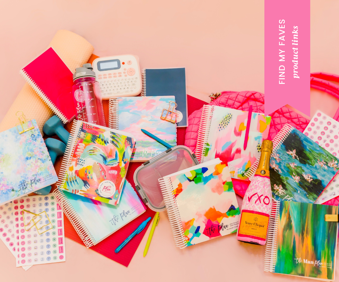 The Plan 2023, The Party Plan, The Man Plan & Organizational, Lifestyle, and Stationary Products on a pink background